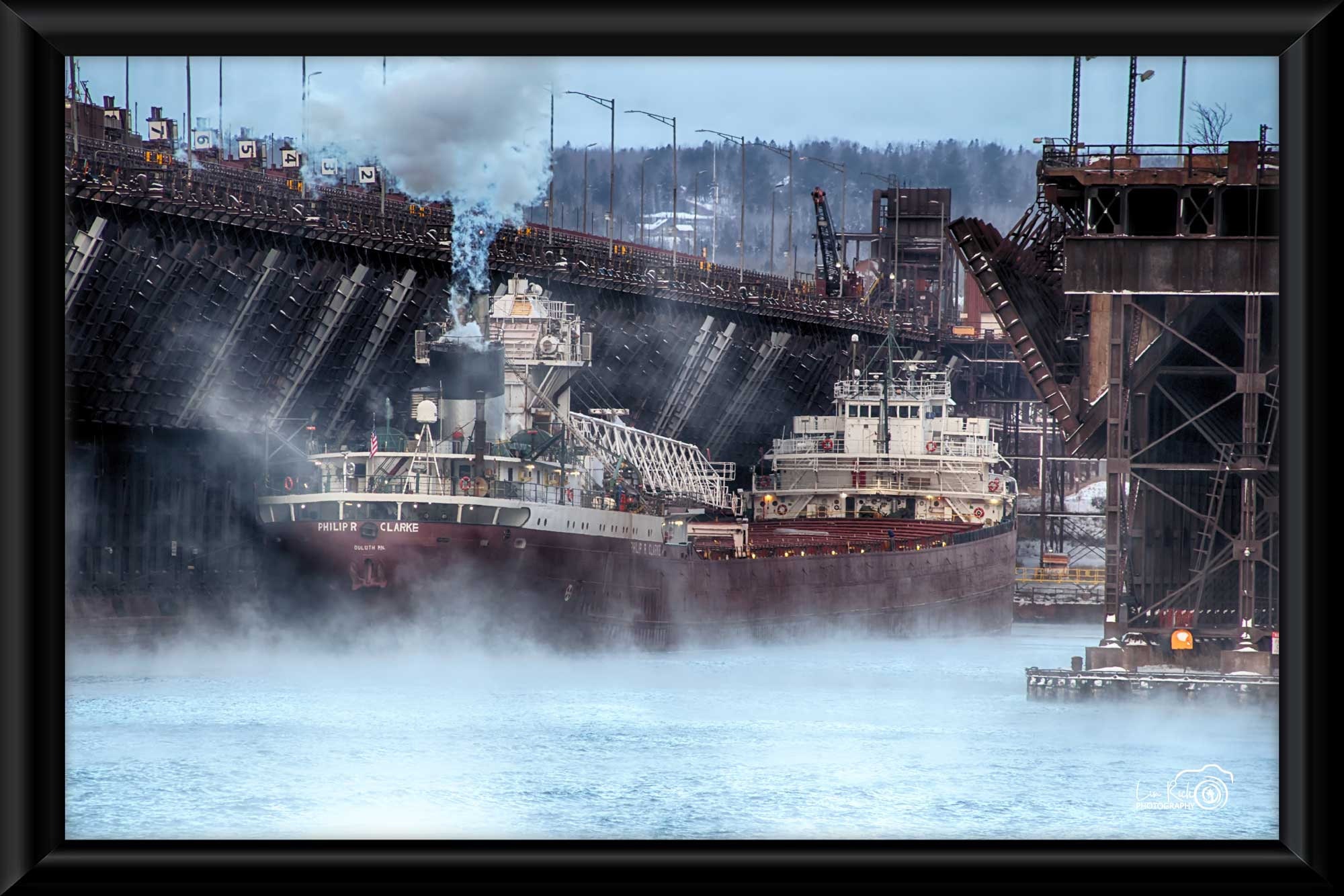 Ship The Philip R Clarke at Two Harbors, Shipping, Lake Superior, Minnesota, Sea Smoke, Lake Smoke, Steam, Photography, Print