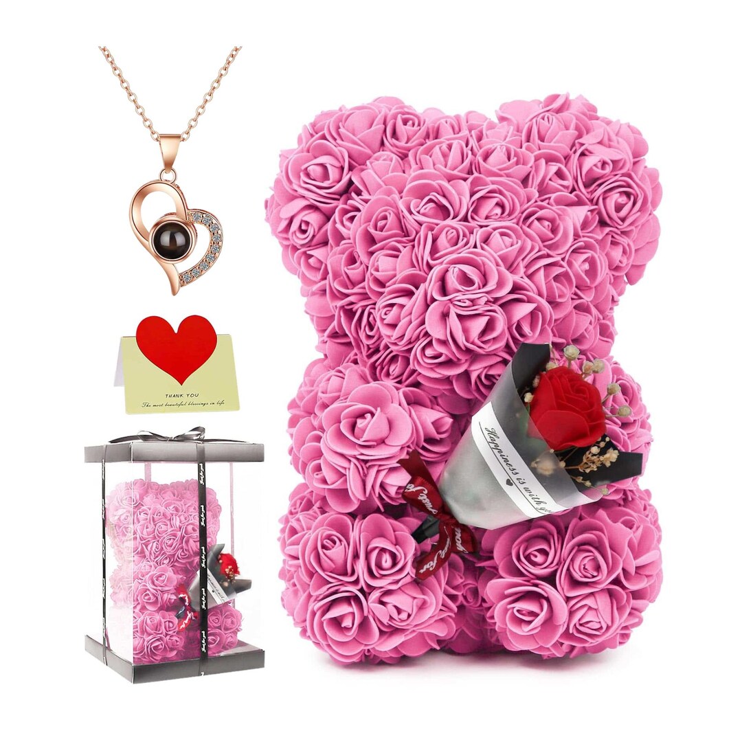Rose Teddy Bear With Heart Necklace & Gift Box - Etsy