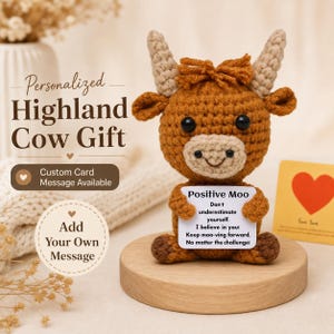 Vaca Highland de Crochê Positive Moo, Amigo Motivacional de Mesa, Presente Amigurumi para Amigos, Filha, Filho
