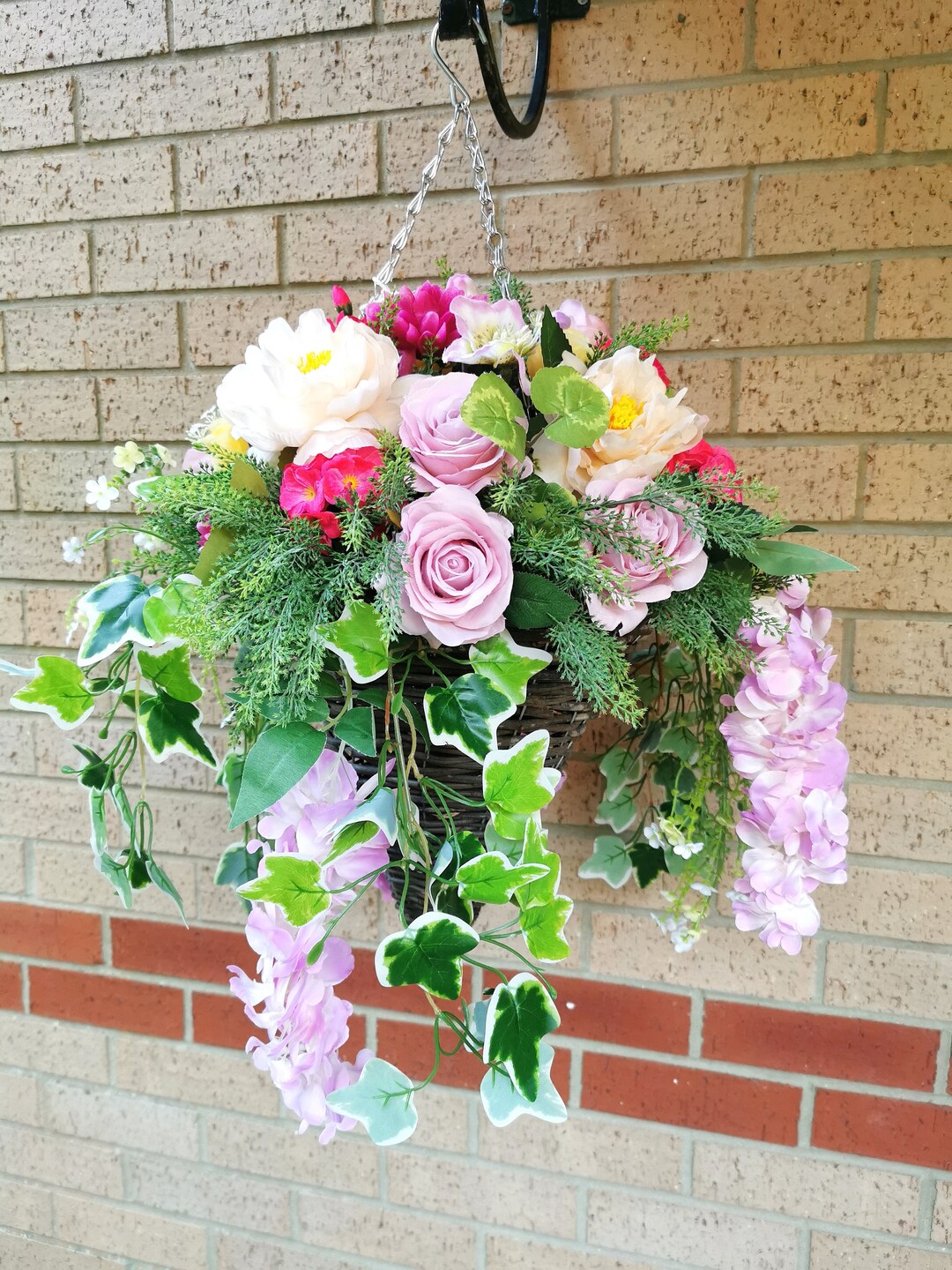 Artificial Flower Hanging Basket. Large Conical Hanging Basket Handmade