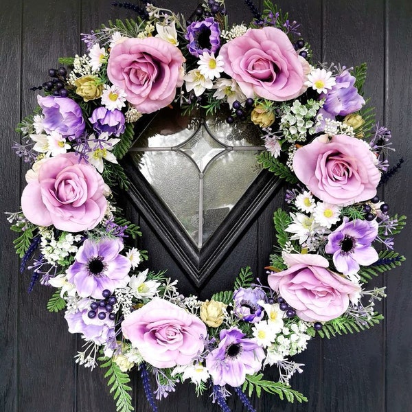 Door wreath with faux flowers. Pink & Lilac handmade artificial flower decorative door Wreath