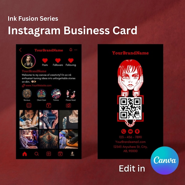 Tattoo Artist Business Card, Goth Shop Instagram Social Media Promotion, Feminine Branding Dark Red Editable Instant Download Template
