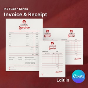 Op de afbeelding: Een set van drie printbare factuur- en ontvangstbewijzen met een rood-wit kleurenschema. De sjablonen bevatten een gestileerde illustratie van een gezicht met een rode achtergrond. De tekst "Ink Fusion Series" en "Invoice & Receipt" staat bovenaan de pagina. De tekst "Your Brand" staat bovenaan elk sjabloon. De tekst "Receipt" staat bovenaan elk ontvangstbewijs. De tekst "Invoice" staat bovenaan het factuursjabloon. De tekst "Thank You" staat onderaan elk ontvangstbewijs. De tekst "Edit in Canva" staat onderaan de pagina.