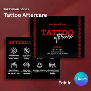 Tattoo Aftercare Card Template, Editable Care Instructions, Printable Tattoo Artist Card, Tattoo Studio Care Card with Icons, Canva Template