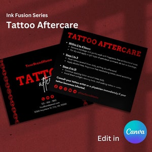 Tattoo Aftercare Card Template, Editable Care Instructions, Printable Tattoo Artist Card, Tattoo Studio Care Card, Canva Template in 2 Sizes
