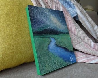 River and Stars, Original Acrylic Painting on Strech Canvas, 18 X 24 cm