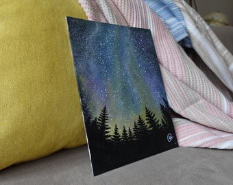 Pine Trees and Starry Night, Original Acrylic Painting on Press Canvas, 18 X 24 cm