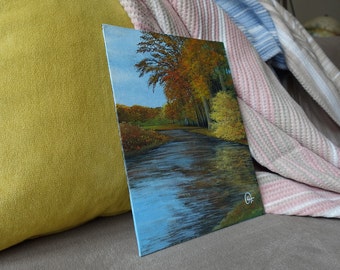 Autumn and River Scenery, Original Acrylic Painting on press Canvas, 18 X 24 cm