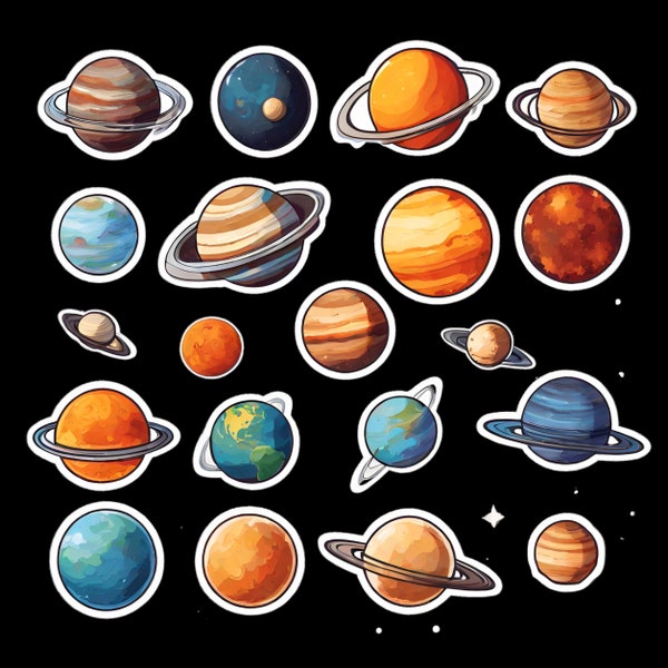 Planets Stickers Set - 15 Printable Space Decals Sets, High-Quality PNG, Instant Download