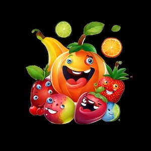 Happy Fruit Design - 30 grappige fruit PNG-set, transparante, digitale bestanden voor DIY-stickers, planner-decor, scrapbooking