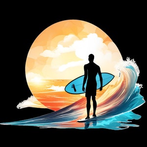 Pacchetto PNG di arte digitale per il surf - 21 immagini di surfisti di alta qualità per adesivi fai da te e decorazioni per agenda, regalo perfetto per gli amanti dell&#39;oceano