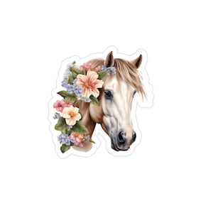 Décalcomanies en vinyle Cheval avec fleurs, Stickers extérieurs transparents, Décoration étanche pour ordinateur portable et voiture, Cadeau pour amoureux des chevaux