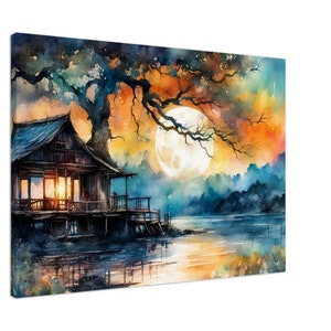 Cabin by the Lake Moon Canvas Print - Wall Art Print On Canvas Picture For Home Decor
