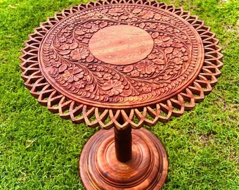 18'' handgesneden ronde salontafel, lak vrachtwagen kunst houten ronde salontafel decoratief antiek ontwerp voor huisdecoratie en geschenken
