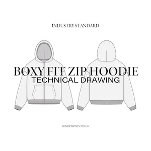 May include: Technical drawing of a boxy fit zip hoodie with a hood, long sleeves, and a front zipper. The drawing shows the front and back views of the hoodie.