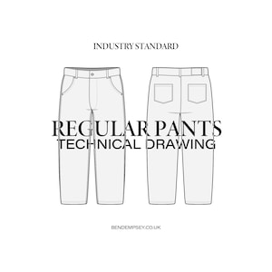May include: Line drawing technical illustration of regular trousers. The drawing shows the front and back views of the trousers. The text "INDUSTRY STANDARD" and "REGULAR PANTS TECHNICAL DRAWING" is included in the image.