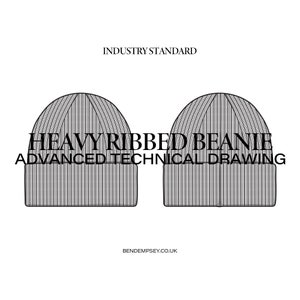 May include: Line drawing of a heavy ribbed beanie, showing the front and back views. The text "Heavy Ribbed Beanie" and "Advanced Technical Drawing" is included in the image.