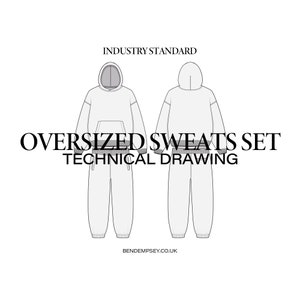 May include: Technical drawing of an oversized sweats set, featuring a hooded sweatshirt and sweatpants. The drawing shows the front and back views of the garment.