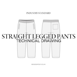 May include: Technical drawing of straight-legged pants, displayed in front and back views. The pants have a drawstring waistband, pockets, and a relaxed fit. The text "Industry Standard" and "Technical Drawing" are included.