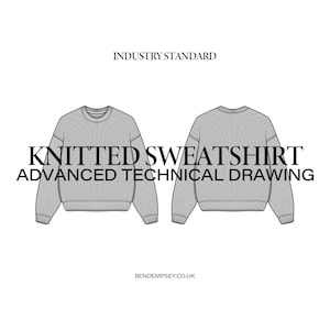 Peut inclure: Dessin technique d'un sweat-shirt en tricot à manches longues et col rond. Le dessin montre les vues avant et arrière du vêtement. Le texte "Knitted Sweatshirt Advanced Technical Drawing" est imprimé sous l'image.
