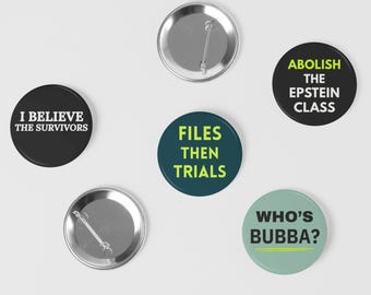 Conjunto de botones de protesta contra Epstein (selecciona 3), pines de rendición de cuentas, archivos y juicios, abolición de la clase Epstein, justicia para sobrevivientes