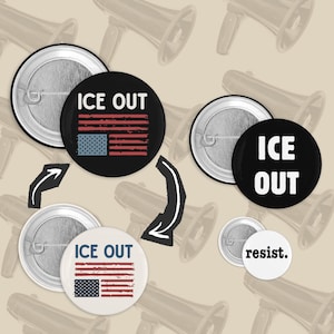 Botón de protesta "ICE Out For Good", pin para "Abolir ICE" e insignia de activista por la justicia migratoria para la Gestapo antiautoritaria.