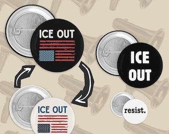 Botón de protesta "ICE Out For Good", pin para "Abolir ICE" e insignia de activista por la justicia migratoria para la Gestapo antiautoritaria.