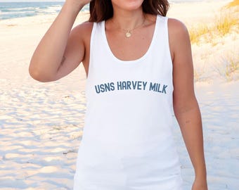 Camiseta sin mangas Orgullo Harvey Milk: Bella LGBTQIA+ azul marino + camiseta de lona de protesta