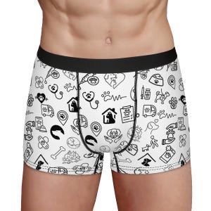 May include: White boxer briefs with a black waistband and a pattern of black pet-related icons, including paw prints, hearts, bones, and a dog leash.
