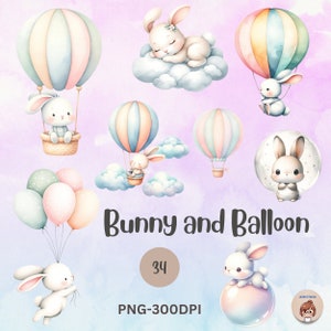 Aquarel Bunny en ballon clipart, konijn en hete ballon png, cadeau voor kind, babyshower, kinderkamer kunst, commercieel gebruik, persoonlijk gebruik, transparant