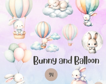 Watercolor Bunny and Balloon clipart,rabbit and hot balloon png,gift for kid,baby shower,nursery art,commercial use,personal use,transperent