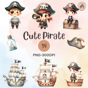 acuarela un lindo clipart pirata, png pirata, imágenes prediseñadas de baby shower, imágenes prediseñadas de arte infantil, uso comercial, uso personal, fondo transparente