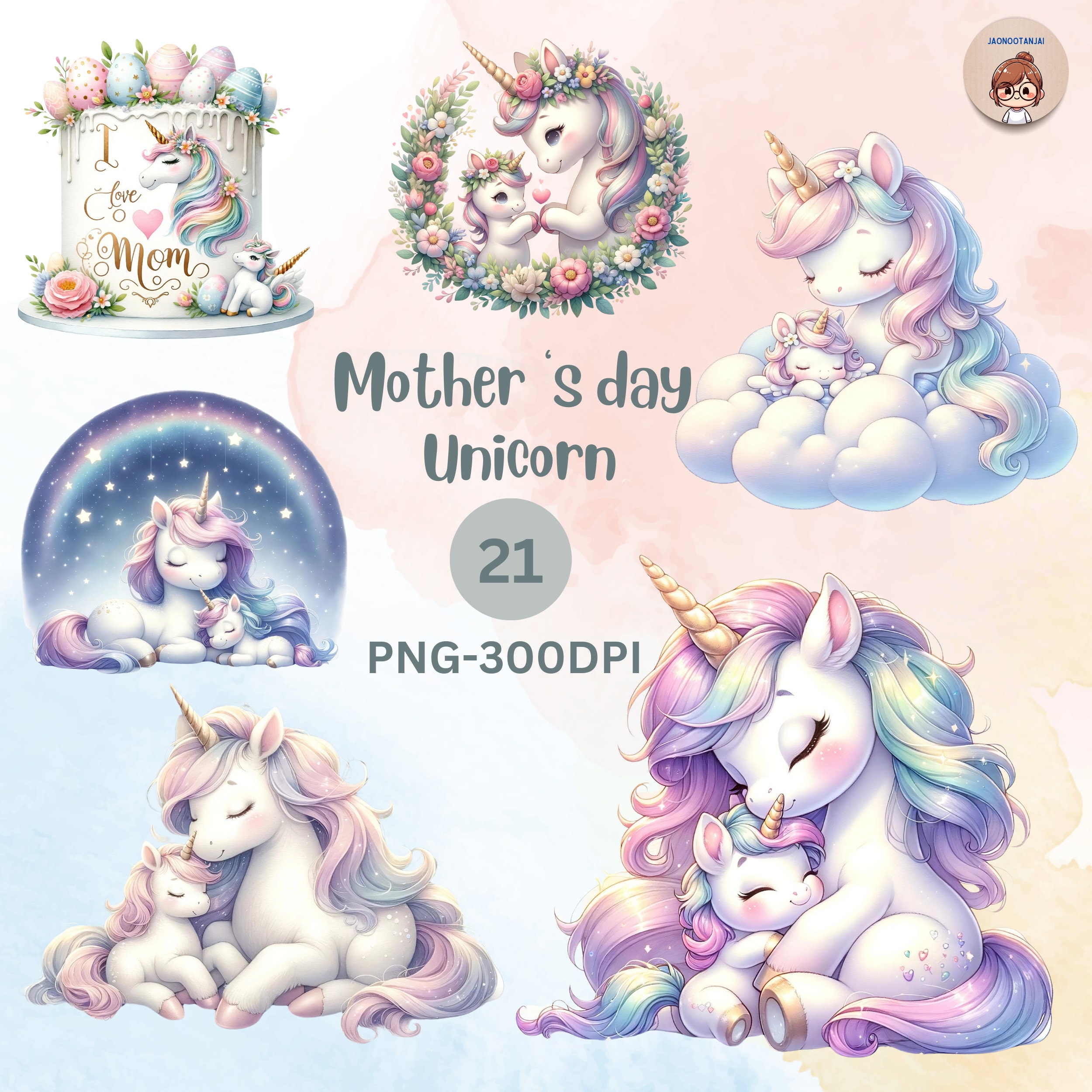 watercolor mother's day unicorn clipart,mother unicorn and baby unicorn png,cute unicorn ,commercial and personal use,transperentbackground