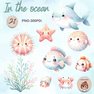 watercolor animal in the ocean clipart,sea animal ,sea life,clipart,digital download png,illustration,Pastel color,transparent background