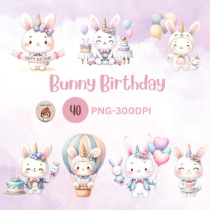 Clipart de festa de aniversário de coelho fofo em aquarela, png de aniversário de coelho, presente de aniversário, chá de bebê, arte de berçário, uso comercial, uso pessoal