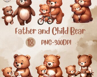 watercolor father bear clipart,father&#39;s day PNG,fatherbear and Child Bear Illustration clipart PNG 300DPI commercial and personal use