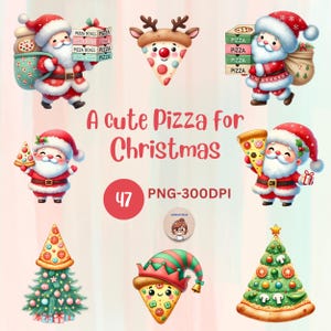 Urocza pizza na Boże Narodzenie, kawałek pizzy, Święty Mikołaj, clipart przedstawiający śnieg, ilustracja akwarelowa, pastelowe kolory, idealna do sztuki dziecięcej, białe czarne tło.