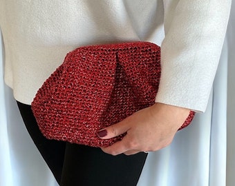 Red Metallic Raffia Crochet Clutch  Bag, Minimalist Clutch Bag, Shimmering Purse, Gift For Her