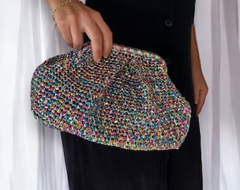 Bolso clutch de crochet de rafia metálica de lujo, bolso de fiesta, regalo hecho a mano para ella, clutch de verano colorido, bolso clutch minimalista