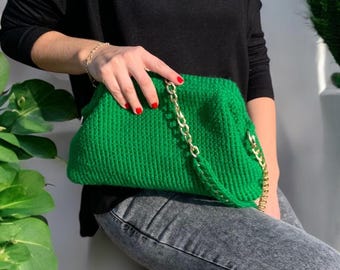 Handmade Chunky Knit Clutch: Green Purse with Gold Chain Strap