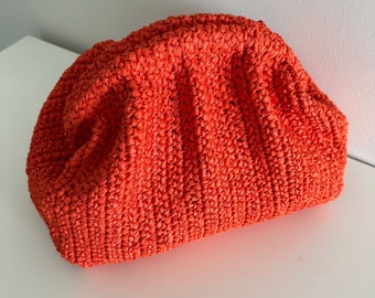 Orange Handmade Raffia Clutch Bag , Crochet Bag , Colorful Summer Clutch , Knitted Raffia Bag , Straw Pouch Bag, Unique Gift For Her
