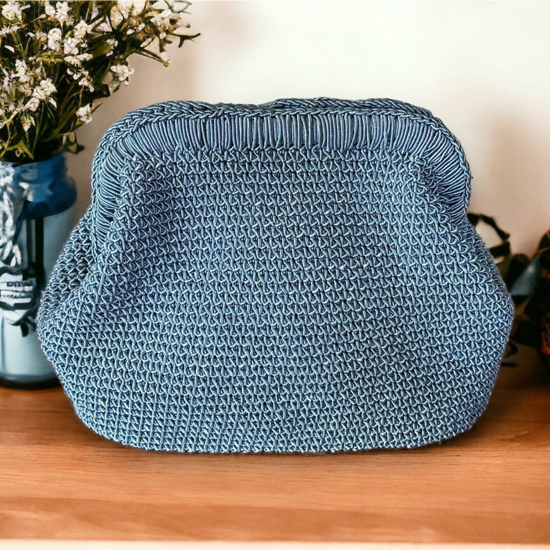 Handmade Crochet Macrame Clutch Bag, Blue Summer Pouch Bag , Knitted Minimalist Purse, Trendy Gift For Her image 5