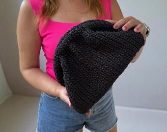 Handmade Black Crochet Clutch: Raffia Woven Boho Bag