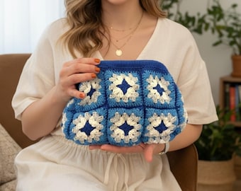 Handmade Crochet Granny Square Bag, blue crochet handbag, boho hand knit purse, vintage style crochet bag, everyday handmade tote