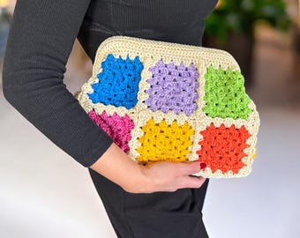 Crochet Granny Square Clutch: Handmade Boho Poppins Bag