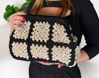 Handmade Crochet Granny Square Clutch: Black & Beige Boho Purse
