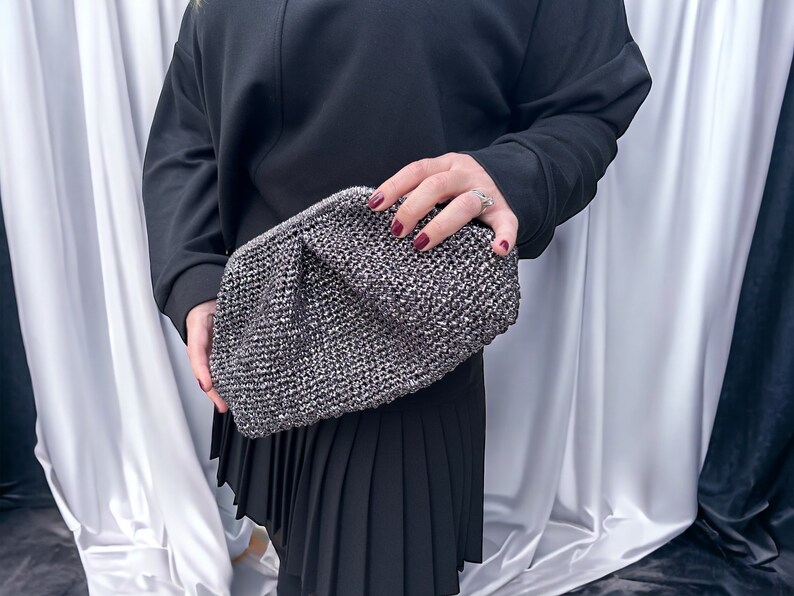Metallic Raffia Crochet Clutch Bag, Stylish Shimmering Purse, Minimalist Bag , Ideal Gift for Her Gray