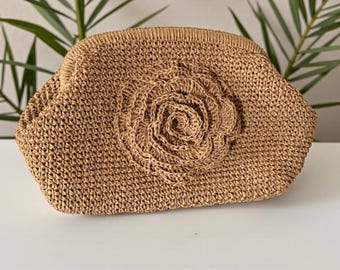 Crochet Straw Clutch Bag Handmade, Large Summer Handheld Bag, Boho Raffia Purse, Beach Vacation Bag, Natural Fiber Handbag