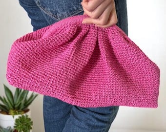 Handmade Crochet Raffia Clutch Bag,  Large Woven Purse for Summer, Handcrafted Beach Bag, Oversized Straw Clutch , Gift For Her