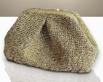 Gold Metallic Raffia Crochet Clutch  Bag, Minimalist Clutch Bag, Shimmering Purse, Gift For Her